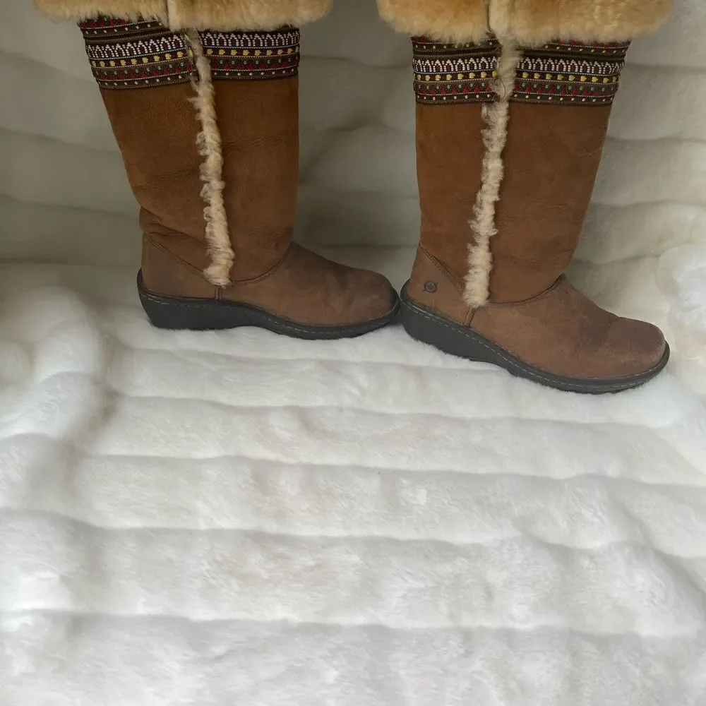 Born leather suede tan boots shearling fur lined multi color ribbon appliqué SZ6